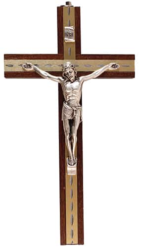 Beech Wood Hanging Crucifix 6″ Metal Inlaid