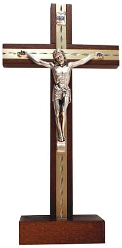 Beech Wood  Standing Cross 8” Metal Inlaid