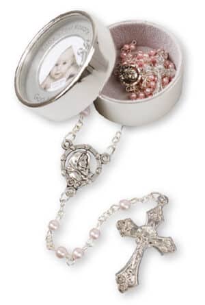 Glass Baby Rosary- Pink-Pearl / Photo Box