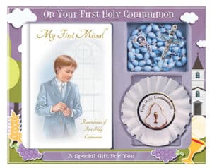 Communion Set Boy – Blue Plastic Beads, Book & Rosette